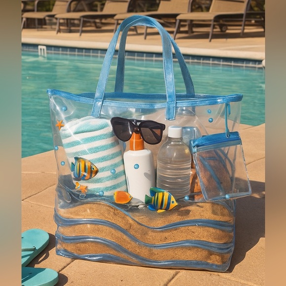 Clear Fish Print Beach Tote w/ Sand Wave Bottom - Picture 1 of 11